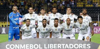 O time da SE Palmeiras, posa para foto em jogo contra a equipe do Deportivo Táchira FC, durante partida válida pela fase de grupos, da Copa Libertadores, no Estádio Pueblo Nuevo. (Foto: Cesar Greco)