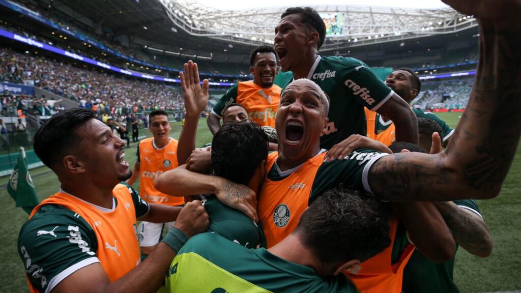 Jogadores comemoram gol do Palmeiras (foto: Reprodução/Cesar Greco/Palmeiras)
