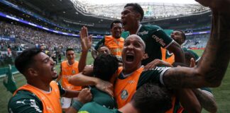 Jogadores comemoram gol do Palmeiras (foto: Reprodução/Cesar Greco/Palmeiras)