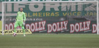 O goleiro Weverton, da SE Palmeiras, em jogo contra a equipe do São Paulo FC, durante partida válida pela final, ida, do Campeonato Paulista, Série A1, na arena Allianz Parque. (Foto: Cesar Greco)