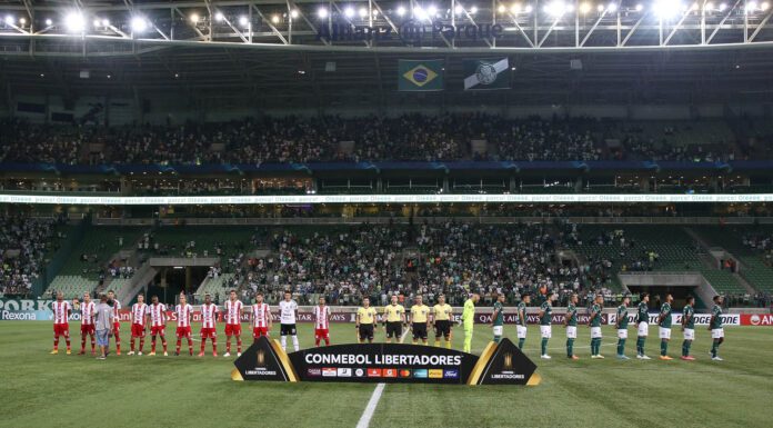O time da SE Palmeiras, em jogo contra a equipe do C Independiente Petrolero, durante partida válida pela fase de grupos, da Copa Libertadores, na arena Allianz Parque. (Foto: Cesar Greco)