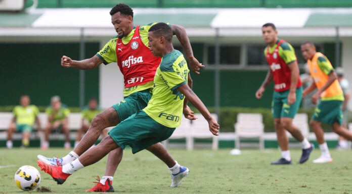 Os jogadores Jailson e Vanderlan (D), da SE Palmeiras, durante treinamento, na Academia de Futebol. (Foto: Cesar Greco)