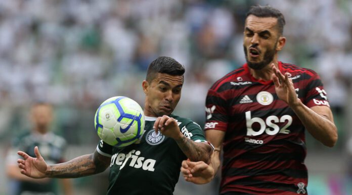 O jogador Dudu, da SE Palmeiras, disputa bola com o jogador Rhodolfo, do CR Flamengo, durante partida válida pela trigésima sexta rodada, do Campeonato Brasileiro, Série A, na arena Allianz Parque.