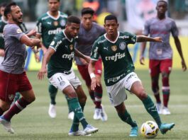 Os jogadores Wesley e Danilo (D), da SE Palmeiras, disputam bola com o jogador Yago, do Fluminense FC, durante partida válida pela quinta rodada, do Campeonato Brasileiro, Série A, na arena Allianz Parque. (Foto: Cesar Greco)