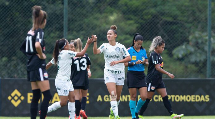 Jogadoras do time feminino da SE Palmeiras, em partida contra o Red Bull Bragantino, pelo Brasileirão Feminino. (Foto: Divulgação/Palmeiras)