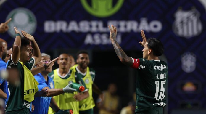 O jogador Gustavo Gómez comemorando seu gol na partida contra o Santos, pela Série A do Campeonato Brasileiro, na Vila Belmiro. (Foto: César Greco)