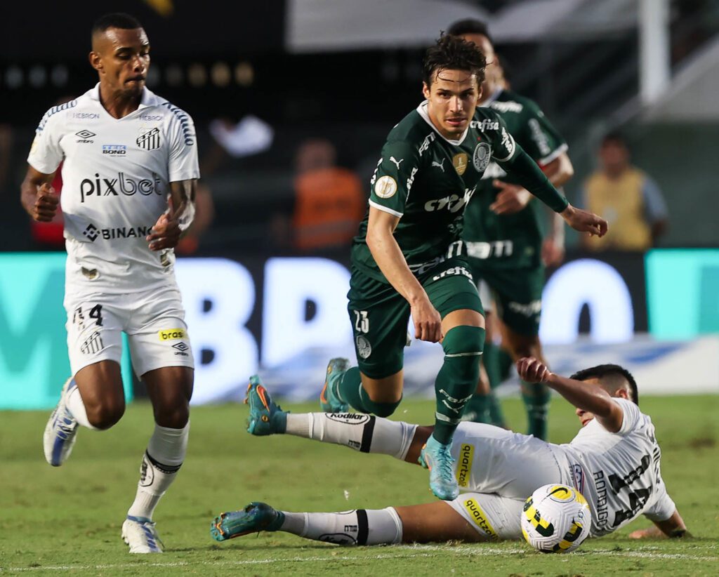O jogador Raphael Veiga, da SE Palmeiras, em partida contra o Santos, pela Série A do Campeonato Brasileiro, na Vila Belmiro. (Foto: César Greco)