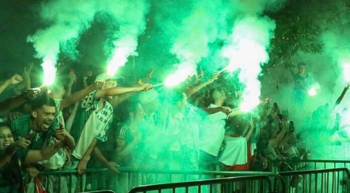 Torcida do Palmeiras durante comemoração do título da Libertadores 2021, em São Paulo. (Foto: Reprodução/Internet)