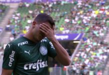 O atacante Luan Silva em seu único jogo pelo Palmeiras, no momento em saiu sentindo dores. (Foto: Reprodução)