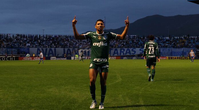 O jogador Rony, da SE Palmeiras, comemora seu gol contra a equipe do Avaí FC, durante partida válida pela décima quarta rodada, do Campeonato Brasileiro, Série A, no Estádio Ressacada. (Foto: Cesar Greco)