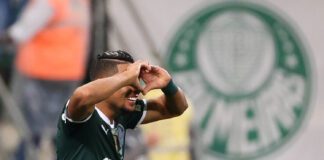 O jogador Rony, da SE Palmeiras, comemorando seu gol em partida contra o Botafogo-RJ, pela Série A do Campeonato Brasileiro, no Allianz Parque. (Foto: César Greco)
