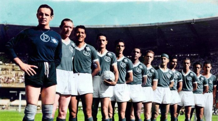 Elenco da SE Palmeiras durante conquista do Mundial de Clubes de 1951, no Maracanã. (Foto: Acervo Histórico)