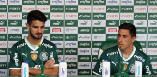 Os jogadores José Manuel López e Miguel Merentiel (D), são apresentados como as mais novas contrações da SE Palmeiras, na Academia de Futebol. (Foto: Cesar Greco)