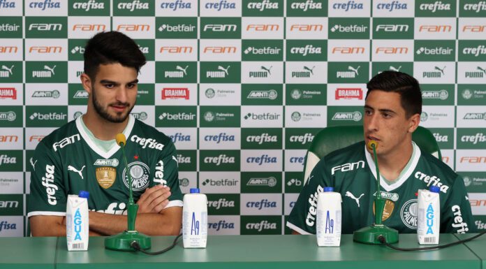 Os jogadores José Manuel López e Miguel Merentiel (D), são apresentados como as mais novas contrações da SE Palmeiras, na Academia de Futebol. (Foto: Cesar Greco)