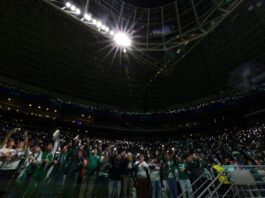 A torcida da SE Palmeiras, em jogo contra a equipe do C Atlético Mineiro, durante partida válida pelas quartas de final, volta, da Copa Libertadores, na arena Allianz Parque. (Foto: Cesar Greco)