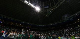 A torcida da SE Palmeiras, em jogo contra a equipe do C Atlético Mineiro, durante partida válida pelas quartas de final, volta, da Copa Libertadores, na arena Allianz Parque. (Foto: Cesar Greco)