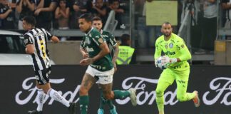 O goleiro Weverton, da SE Palmeiras, em jogo contra a equipe do C Atlético Mineiro, durante partida válida pelas quartas de final, ida, da Copa Libertadores, no Estádio Mineirão. (Foto: Cesar Greco)
