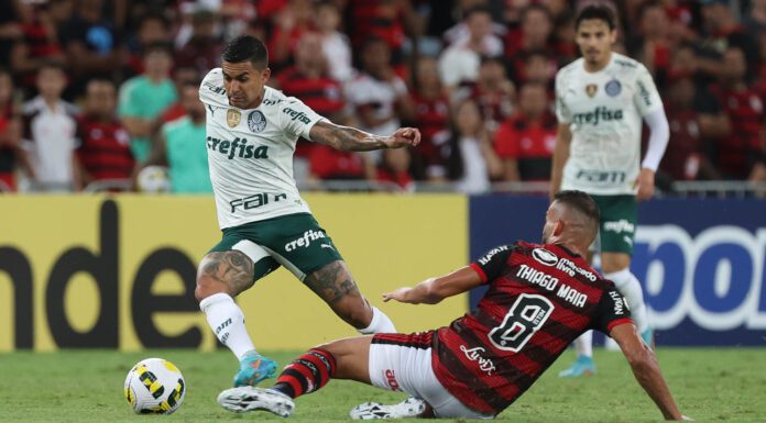 O jogador Dudu, da SE Palmeiras, disputa bola com o jogador Thiago Maia, do CR Flamengo, durante partida válida pela terceira rodada, do Campeonato Brasileiro, Série A, no Estádio do Maracanã. (Foto: Cesar Greco)