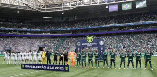 O time da SE Palmeiras, em jogo contra a equipe do Goiás EC, durante partida válida pela vigésima primeira rodada, do Campeonato Brasileiro, Série A, na arena Allianz Parque. (Foto Cesar Greco)