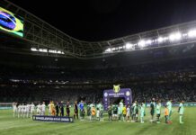 O time da SE Palmeiras, em jogo contra a equipe do EC Juventude, durante partida válida pela vigésima sexta rodada, do Campeonato Brasileiro, Série A, na arena Allianz Parque. (Foto: Cesar Greco)