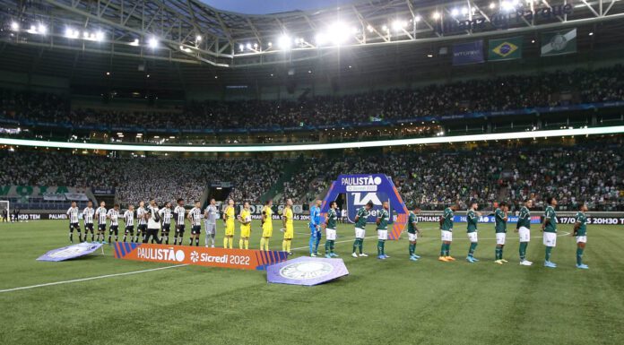 O time da SE Palmeiras, em jogo contra a equipe do Santos FC, durante partida válida pela décima primeira rodada, do Campeonato Paulista, Série A1, na Arena Allianz Parque. (Foto: Cesar Greco)