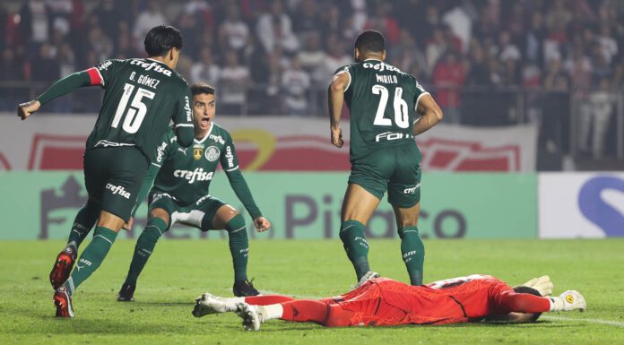 O jogador Murilo, da SE Palmeiras, comemora seu gol contra a equipe do São Paulo FC, durante partida válida pela décima terceira rodada, do Campeonato Brasileiro, Série A, no Estádio do Morumbi. (Foto: Cesar Greco)