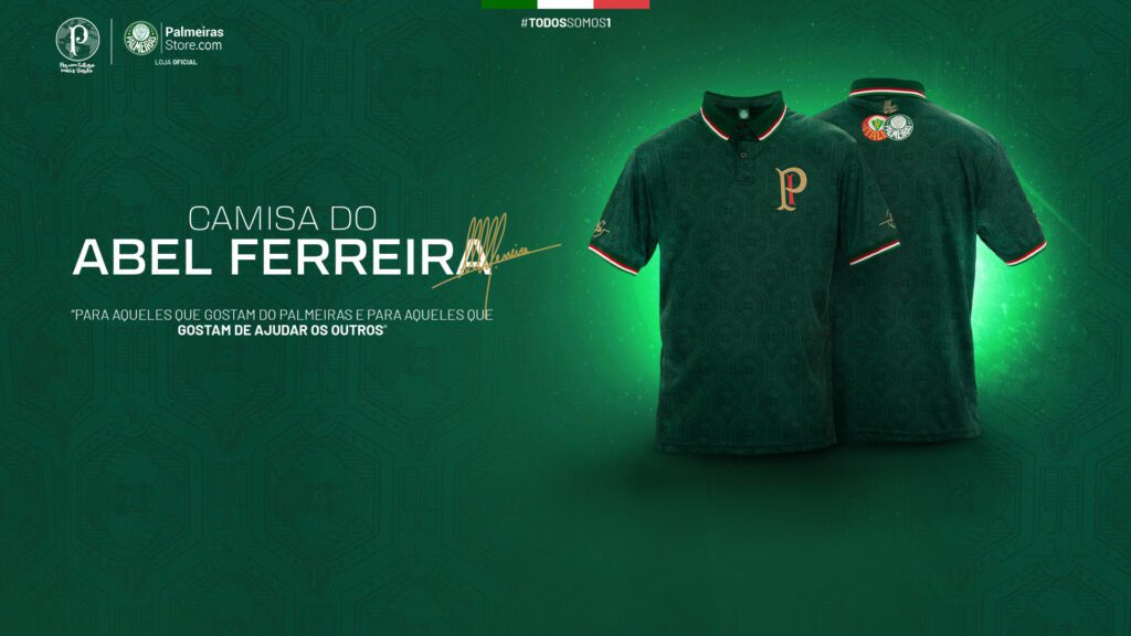 A nova camisa do Palmeiras, idealizada e desenhada pelo técnico Abel Ferreira, lançada nesta quinta-feira (17). (Foto: Reprodução Palmeiras)