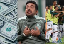 Dinheiro, Abel Ferreira e jogadores comemorando últimas do Palmeiras