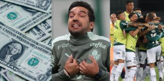 Dinheiro, Abel Ferreira e jogadores comemorando últimas do Palmeiras