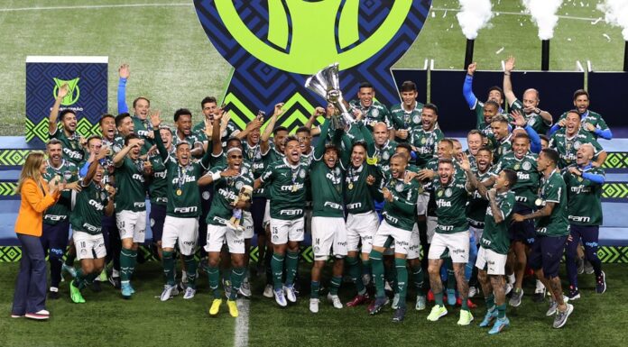 Jogadores da SE Palmeiras levantam a taça de campeão do Campeonato Brasileiro de 2022, após vitória contra o América, no Allianz Parque. (Foto: Fábio Menotti)