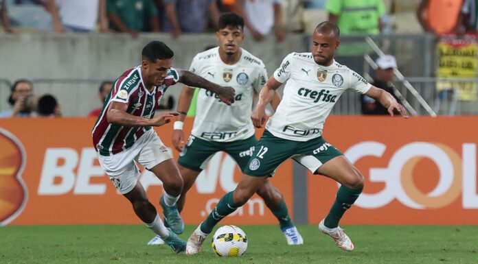 O jogador Mayke, da SE Palmeiras, disputa bola com o jogador Cristiano, do Fluminense FC, durante partida válida pela vigésima quarta rodada, do Campeonato Brasileiro, Série A, no Estádio do Maracanã. (Foto: Cesar Greco)