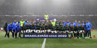 O time da SE Palmeiras, posa para foto em jogo contra a equipe do Fortaleza EC, durante partida válida pela trigésima quinta rodada, do Campeonato Brasileiro, Série A, na arena Allianz Parque. (Foto: Cesar Greco)