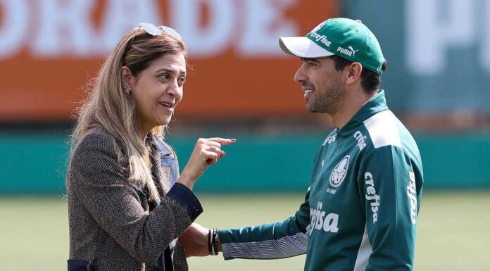 Leila Pereira conversa com o técnico Abel Ferreira na Academia de Futebol do Palmeiras