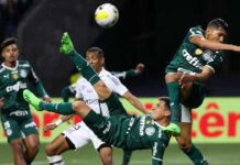 Miguel Merentiel e Rony em ação pelo Palmeiras diante do Santos no Allianz Parque em 2022