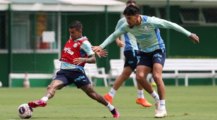 Os jogadores Dudu e Gustavo Gómez, da SE Palmeiras, durante treinamento, na Academia de Futebol. (Foto: César Greco)