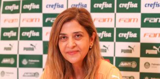 A presidente Leila Pereira, da SE Palmeiras, concede entrevista coletiva, em Abu Dhabi-EAU. (Foto: Fabio Menotti)