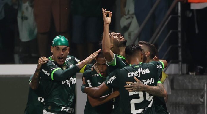 Jogadores da SE Palmeiras comemoram gol contra a equipe do Tombense, durante partida válida pela Copa do Brasil, no Allianz Parque. (Foto: César Greco)