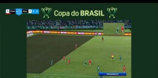 Imagem utilizada na revisão do gol do Palmeiras anulado por impedimento na partida contra o Tombense, pela Copa do Brasil, no Parque do Sabiá. (Foto: Reprodução)