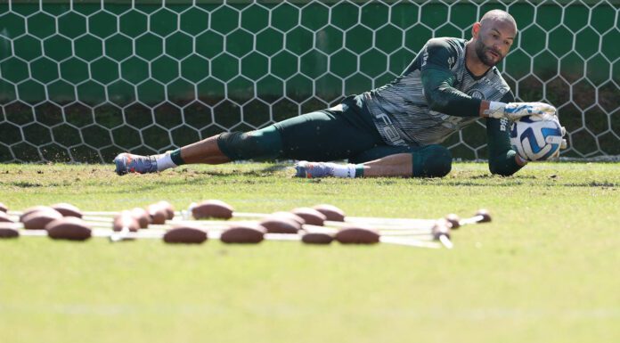 O goleiro Weverton, da SE Palmeiras, durante treinamento, na Academia de Futebol. (Foto: César Greco)