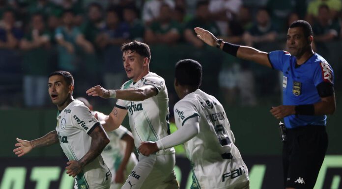 O jogador Dudu, da SE Palmeiras, comemora seu gol contra a equipe do Goiás, durante partida válida pelo Campeonato Brasileiro, no Estádio Hailé Pinheiro. (Foto: César Greco)