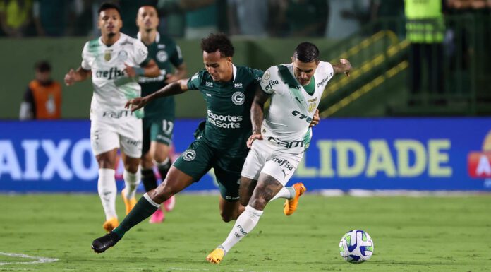 O jogador Dudu, da SE Palmeiras, disputa bola com o jogador do Goiás, durante partida válida pela quarta rodada do Campeonato Brasileiro, no Estádio Hailé Pinheiro. (Foto: César Greco)
