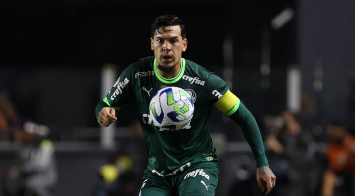 O jogador Gustavo Gómez, da SE Palmeiras, em jogo contra a equipe do Santos, durante partida válida pelo Campeonato Brasileiro, na Vila Belmiro. (Foto: César Greco)