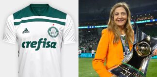 Camisa do Palmeiras fornecida pela Adidas e a presidente Leila Pereira