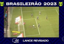 Lance revisado pelo VAR durante o jogo entre as equipes da SE Palmeiras e Bahia, pelo Campeonato Brasileiro, na Arena Fonte Nova. (Foto: Reprodução)