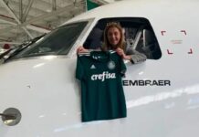 Leila Pereira com camisa do Palmeiras produzida pela Adidas