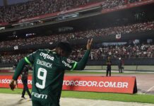 O jogador Endrick, da SE Palmeiras, comemora seu gol contra a equipe do São Paulo, durante partida válida pelo Campeonato Brasileiro, no Estádio do Morumbi. (Foto: César Greco)