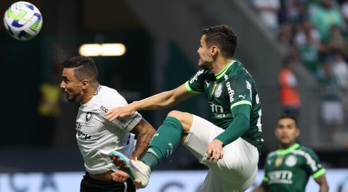 O jogador Raphael Veiga, da SE Palmeiras, disputa bola com o jogador do Botafogo, em partida válida pelo Campeonato Brasileiro, no Allianz Parque. (Foto: César Greco)