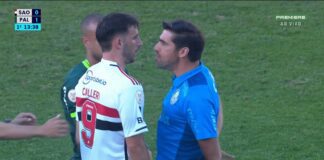 O técnico Abel Ferreira, da SE Palmeiras, e o atacante Calleri, do São Paulo, discutem durante jogo entre as equipes, pelo Campeonato Brasileiro, no Estádio do Morumbi. (Foto: Reprodução)