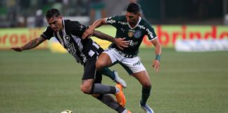 O jogador Rony, da SE Palmeiras, disputa bola com o jogador Saravia, do Botafogo FR, durante partida válida pela décima rodada, do Campeonato Brasileiro, Série A, na arena Allianz Parque. (Foto: Cesar Greco)