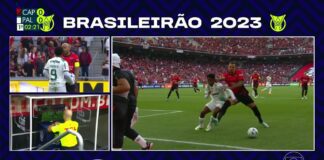 Momento da revisão do lance envolvendo o zagueiro Zé Ivaldo, do Athletico-PR, e Endrick, da SE Palmeiras, durante partida válida pelo Campeonato Brasileiro, na Ligga Arena. (Foto: Reprodução)